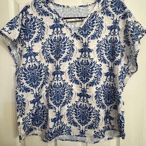 Blue and Cream Damask  blouse XL